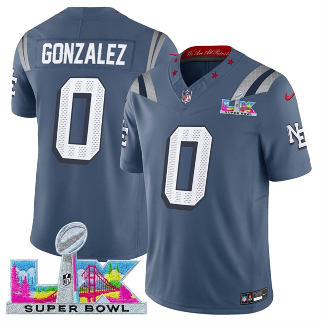 Men's New England Patriots #0 Christian Gonzalez Storm Blue 2025 F.U.S.E. Super Bowl LX Patch “Rivalries” Vapor Limited Stitched Football Jersey